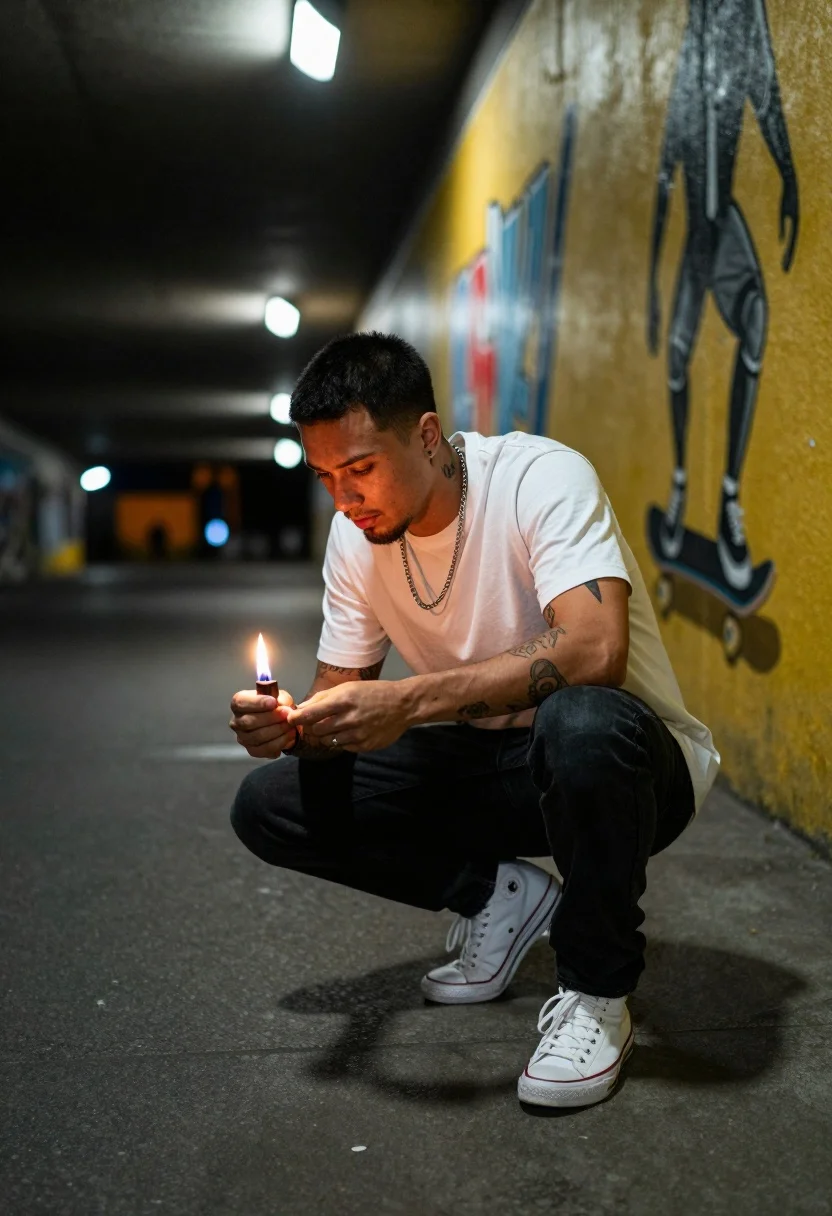 A man crouches in a dimly lit urban underpass, holding a small flame illuminating his face amidst the shadows.