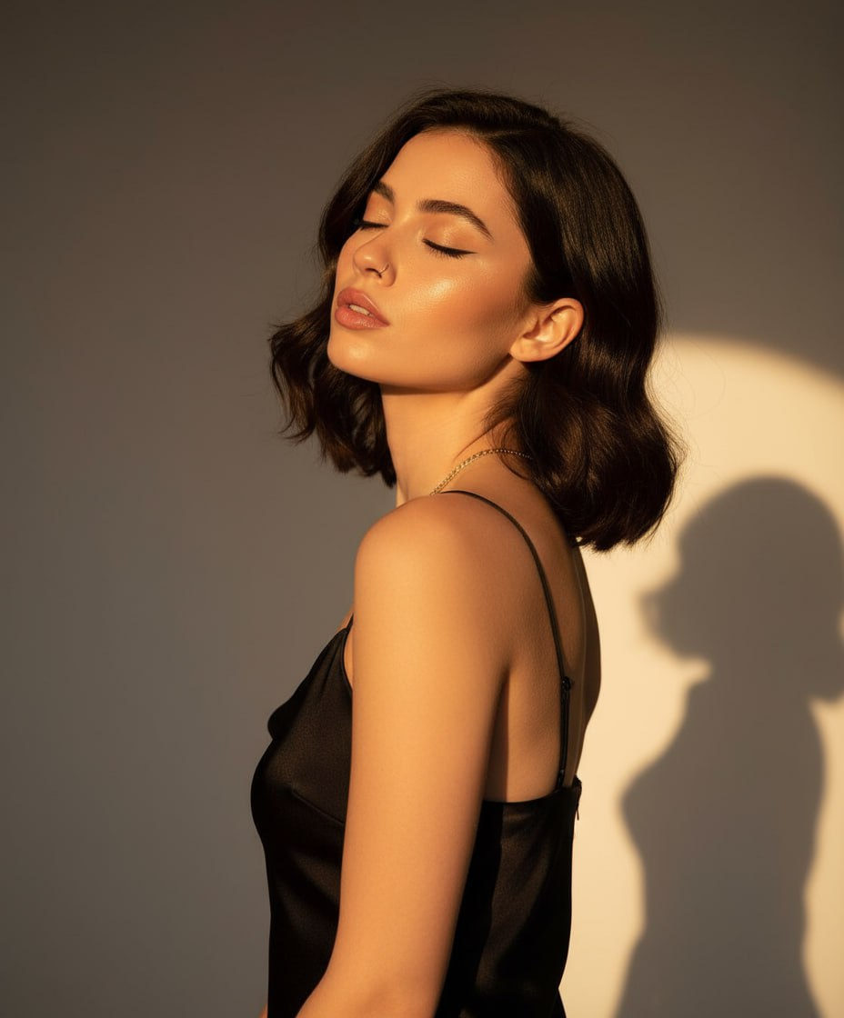 Cinematic portrait featuring a figure in a black satin dress bathed in golden light, creating a warm and intimate atmosphere.