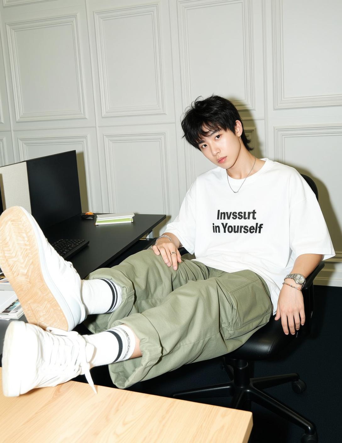 Explore Young Seated Black Office Chair Leaning