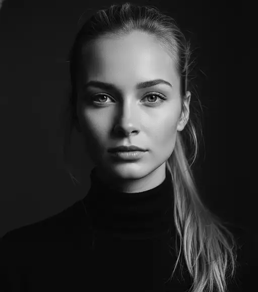A headshot of a young blonde woman with a ponytail wearing a black turtleneck, exuding confidence, captured in black and white.