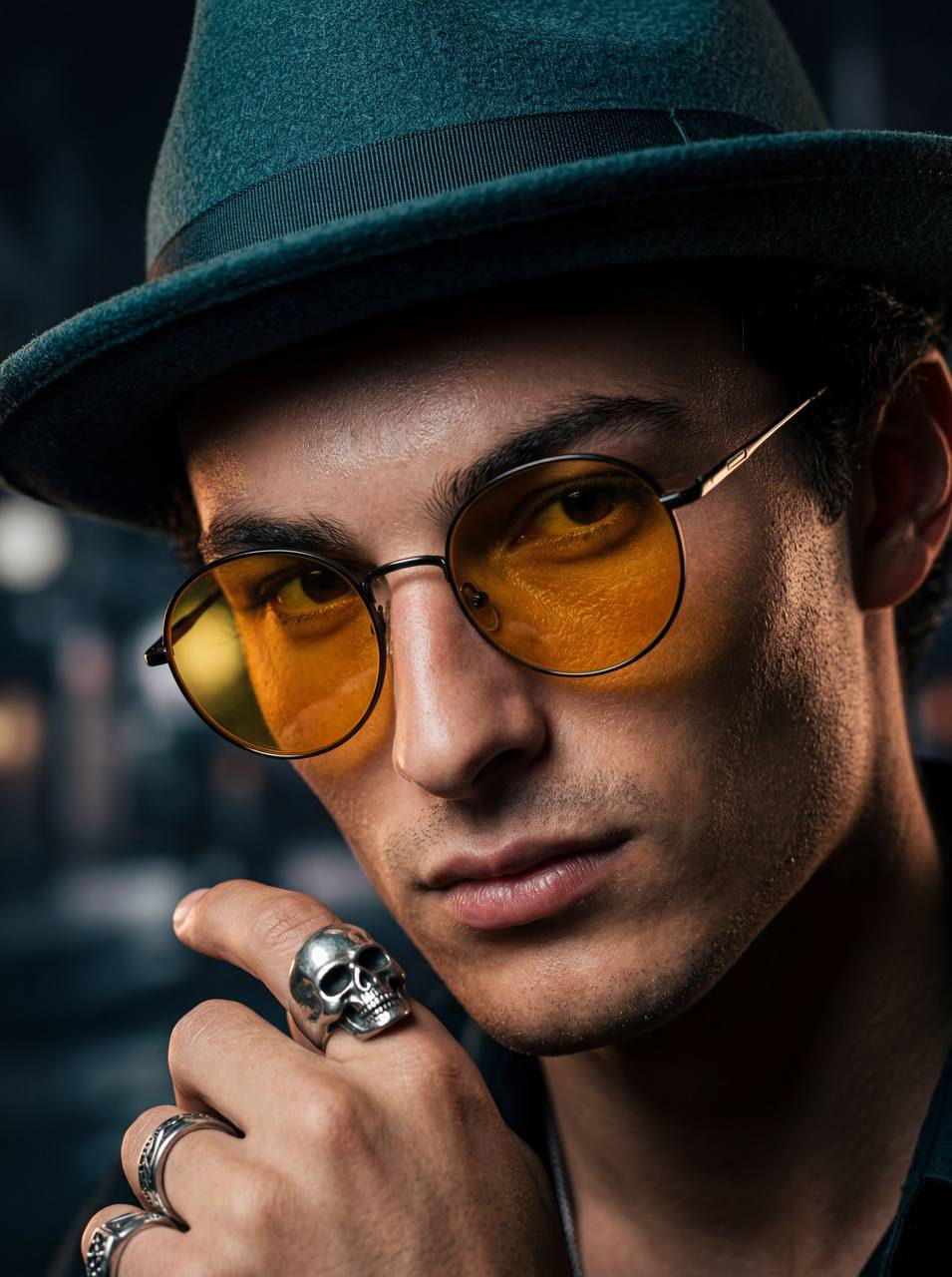 A hyperrealistic portrait of a Middle Eastern man in a dark fedora and yellow-orange sunglasses, reflecting light with dramatic side lighting.