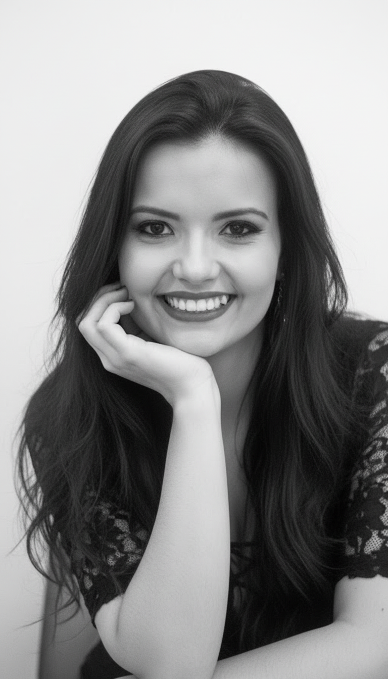 A high-impact black and white studio portrait of a joyful female figure, smiling with expressive eyes and flowing dark hair.