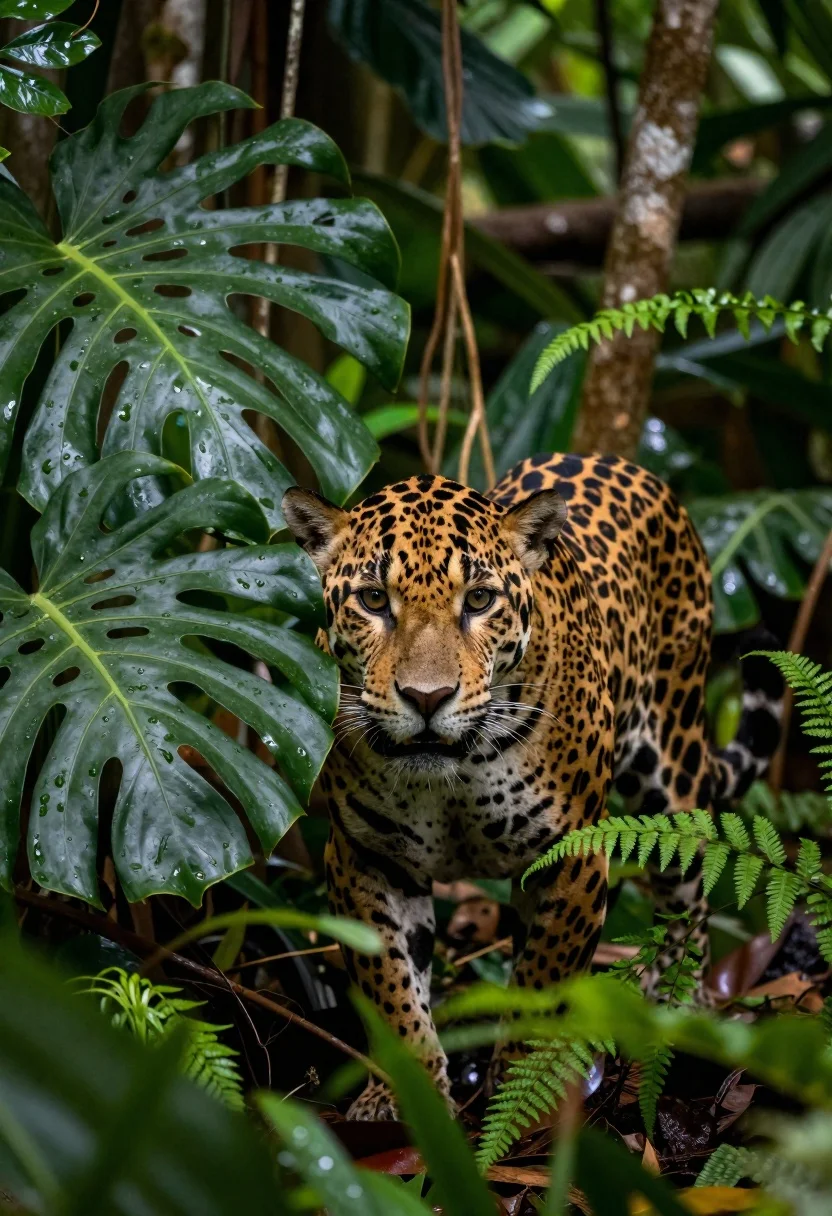 Majestic Jaguar Peers Through Dense Tropical Foliage With Intense Gaze