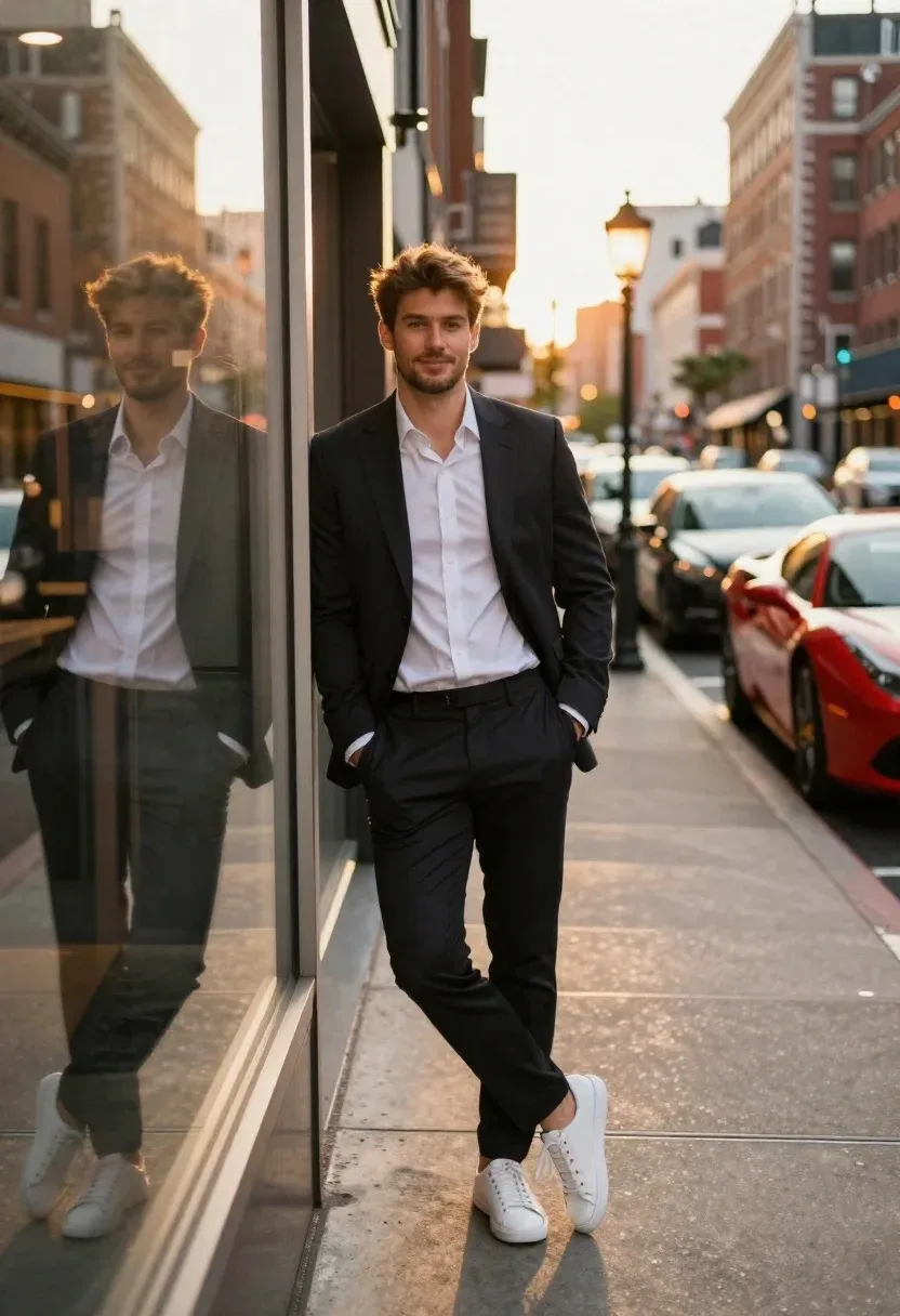 Golden Hour Urban Portrait Stylish Man Leaning Against Glass Storefront