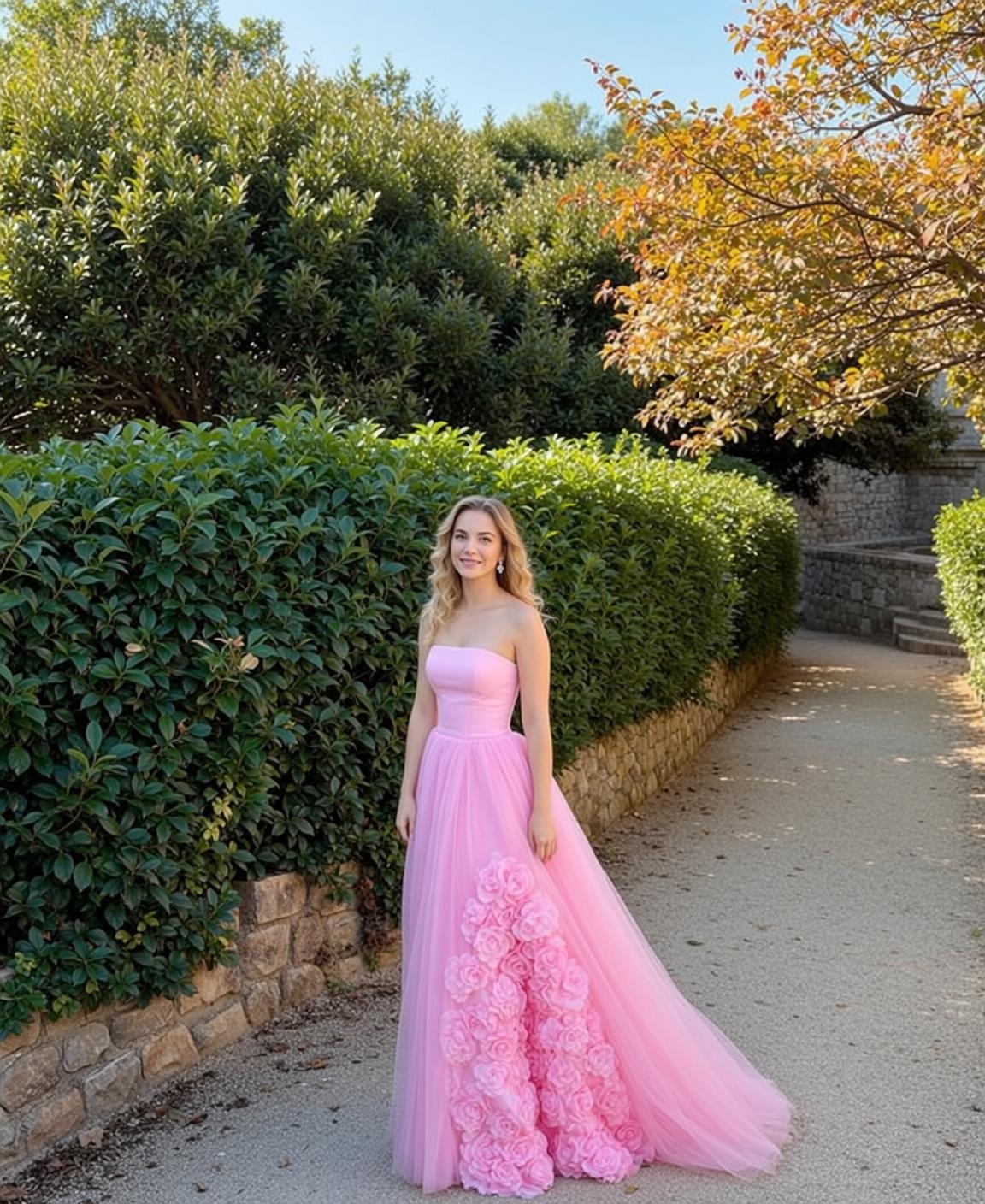 Pink Tulle Gown Garden Path Smiling