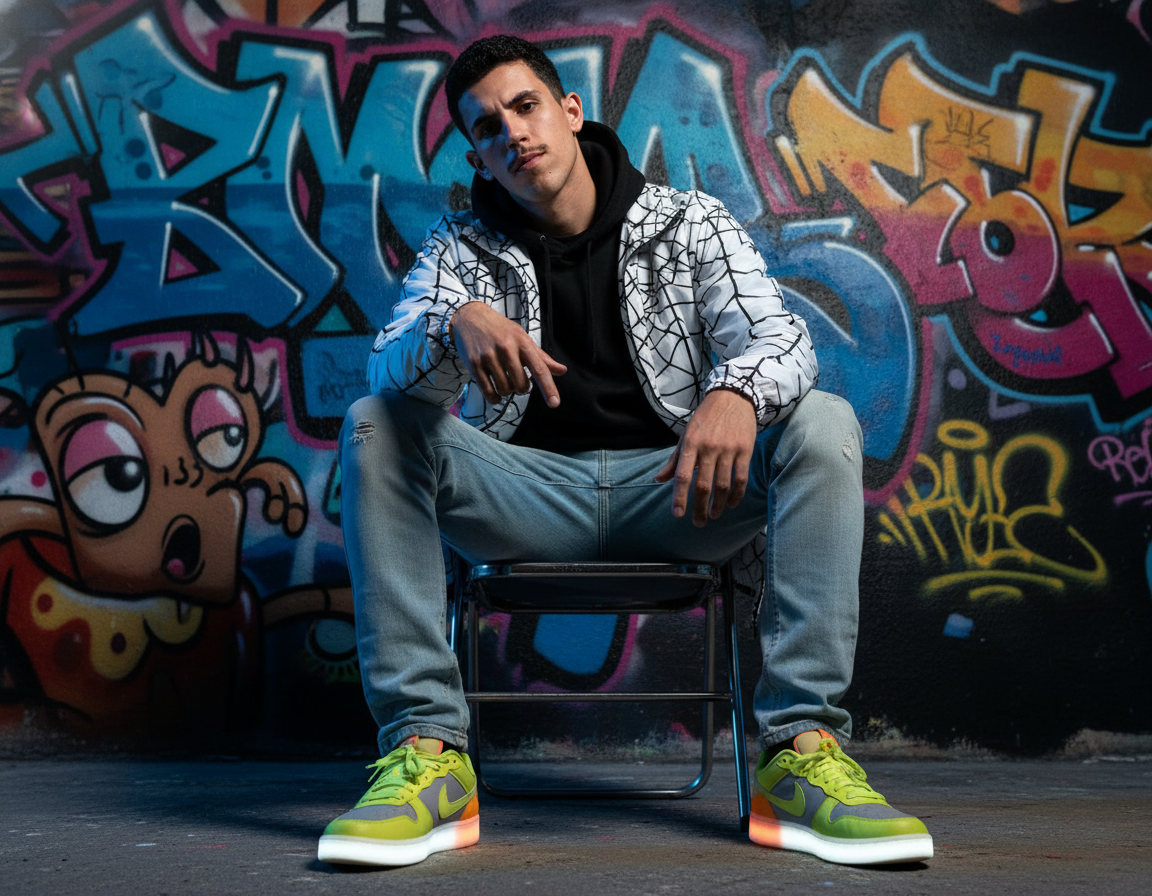 Ultra-realistic portrait of a young man in a black hoodie and web-pattern jacket sitting against colorful graffiti walls.