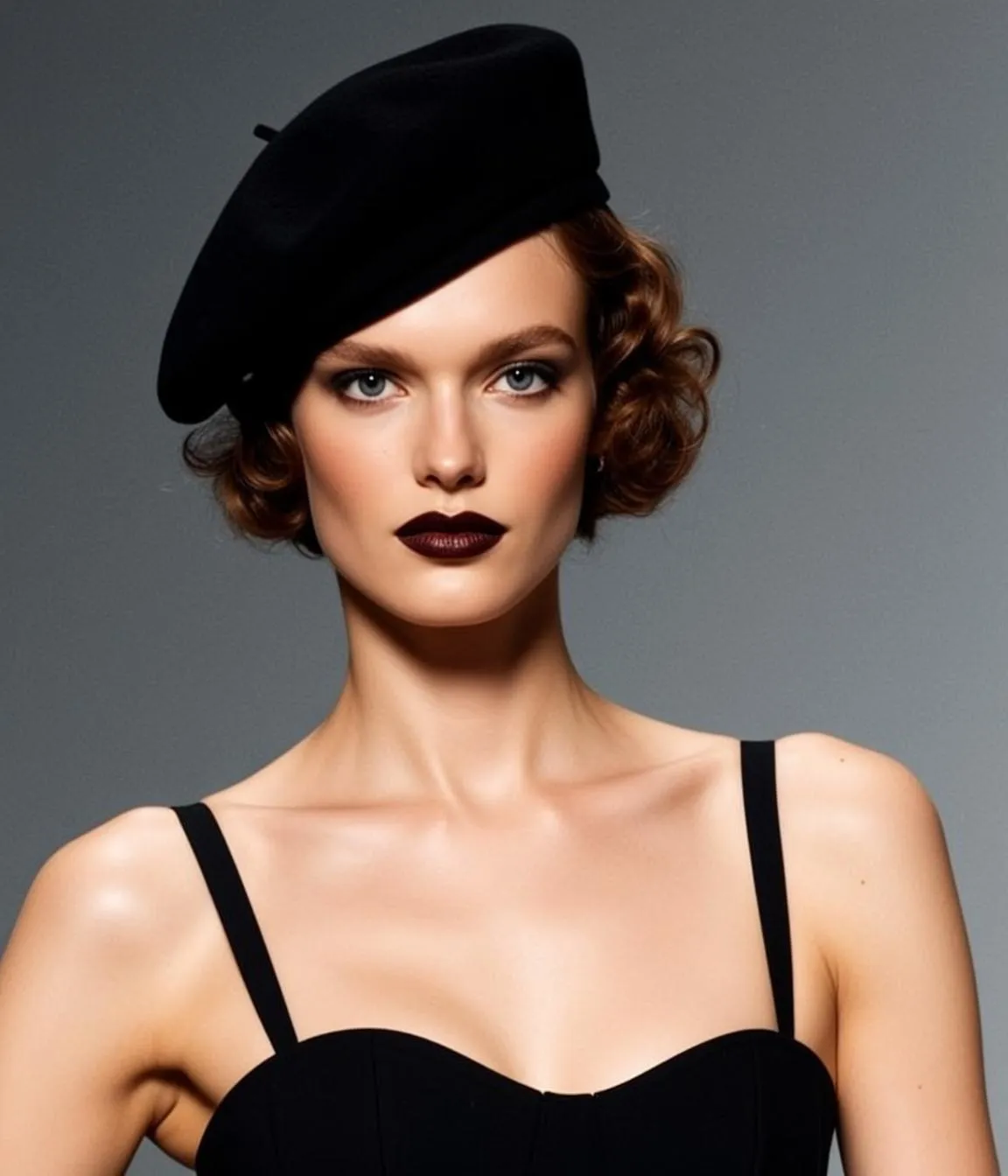 Auburn Curly Hair Black Beret Studio Fashion