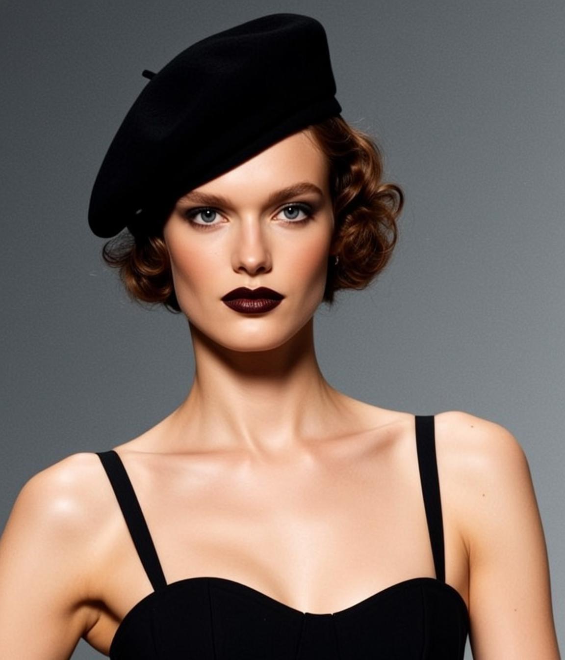 Auburn Curly Hair Black Beret Studio Fashion