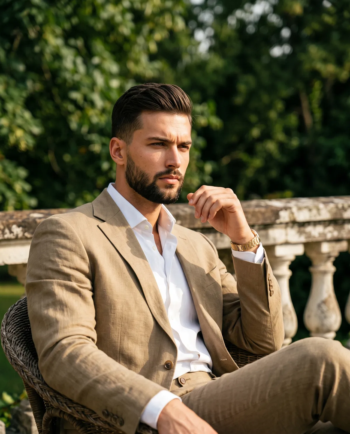 Tan Linen Suit Outdoors Serious Contemplative