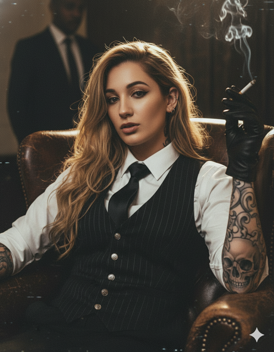 Portrait of a young woman with fair skin in formal attire, seated in a dark leather armchair, styled with long blonde hair and tattoos.