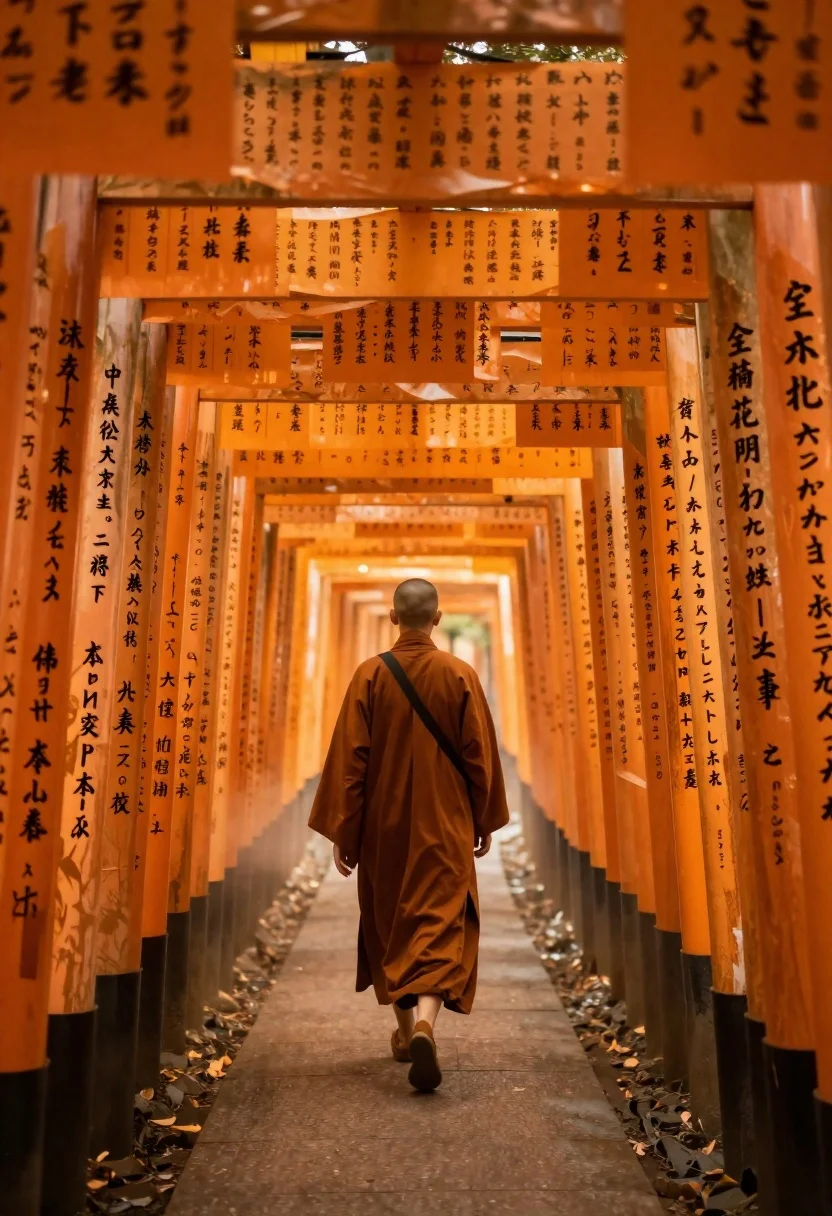 Wide-angle Photograph Solitary Monk Walking Into Endless Tunnel Glowing Calligraphy-covered reference photo