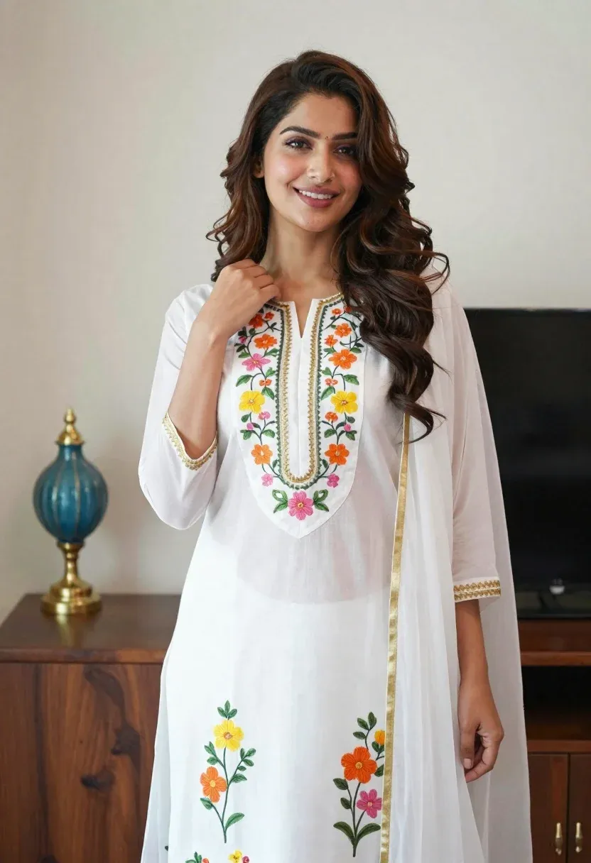 Smiling Woman With Long Wavy Brown Hair Stands Indoors Wearing