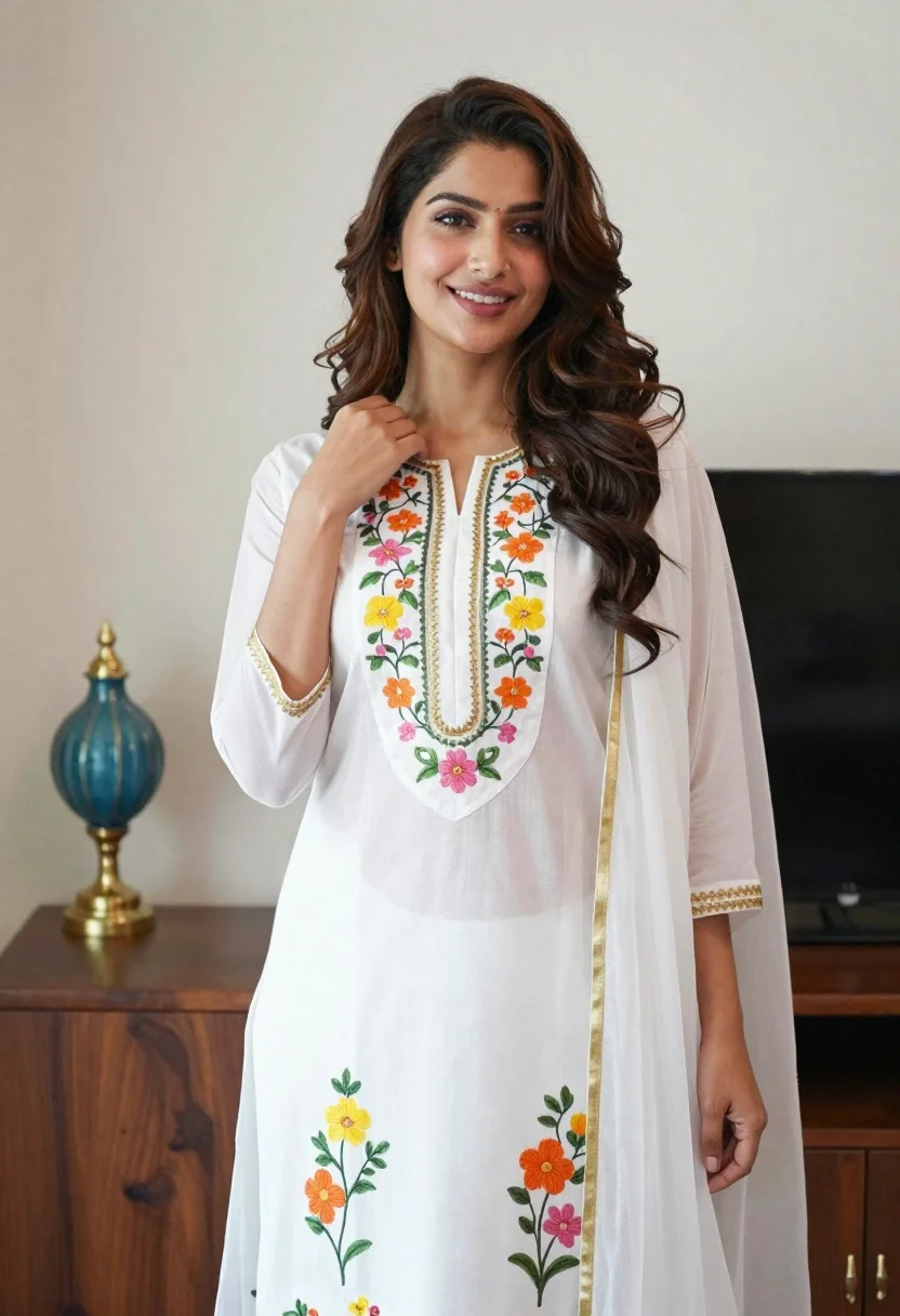 Smiling Woman With Long Wavy Brown Hair Stands Indoors Wearing reference photo
