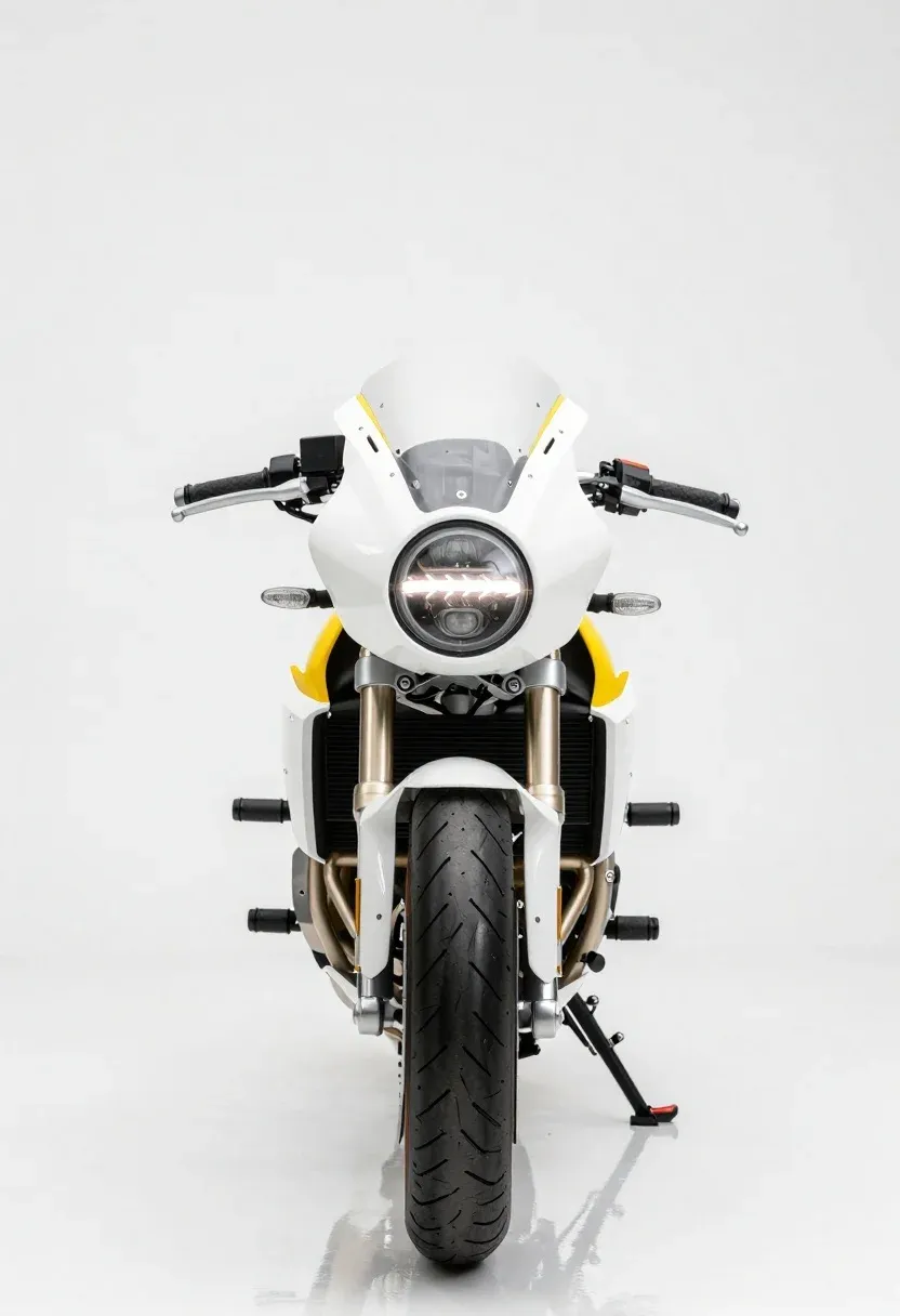 Studio Product Shot Custom Motorcycle Viewed From The Front Against