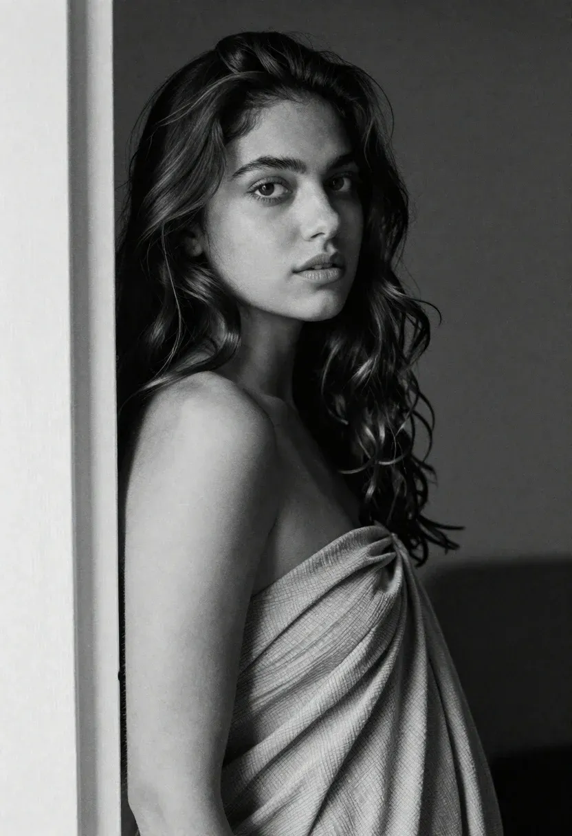 Portrait Woman With Wavy Hair And Soft Features Leaning Against