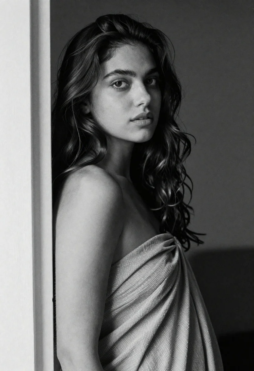 Portrait Woman With Wavy Hair And Soft Features Leaning Against reference photo