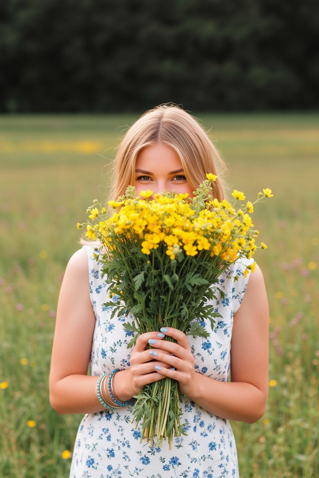 Explore Young Stands Facing Holding Large Bouquet