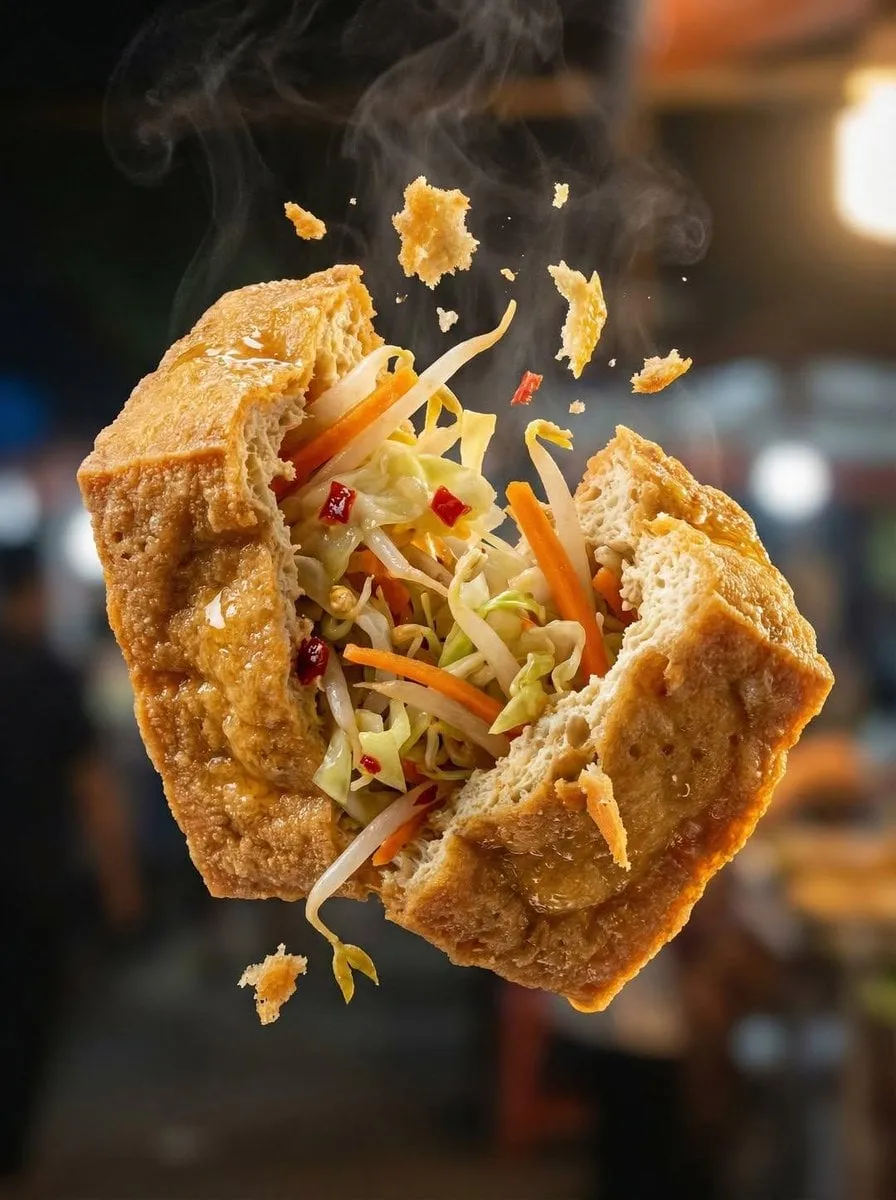 Crispy Martabak Telur Tearing Open Mid Air