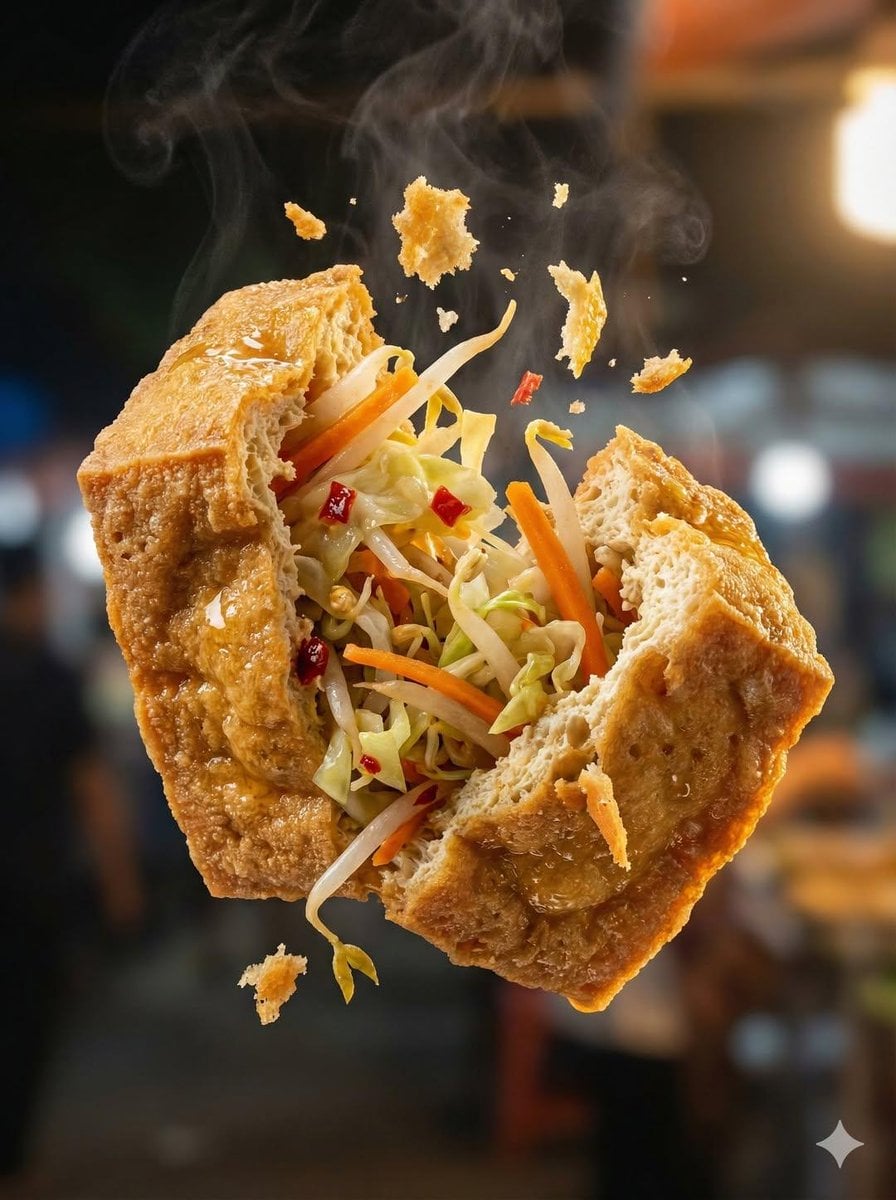 Crispy Martabak Telur Tearing Open Mid Air