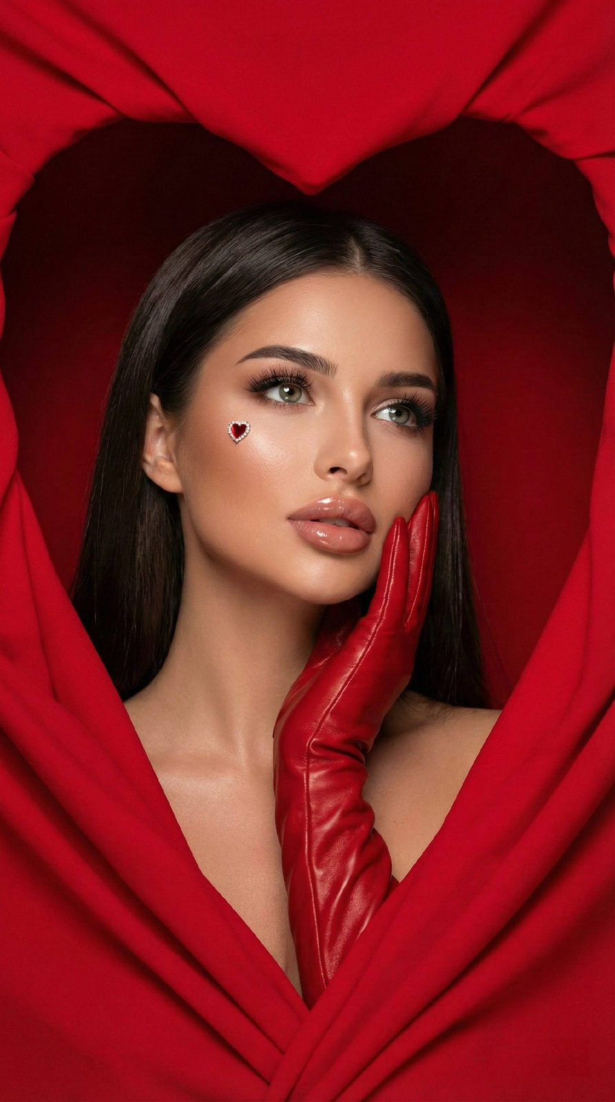 Ultra-realistic portrait featuring glossy red gloves, a heart decoration, and soft lighting.