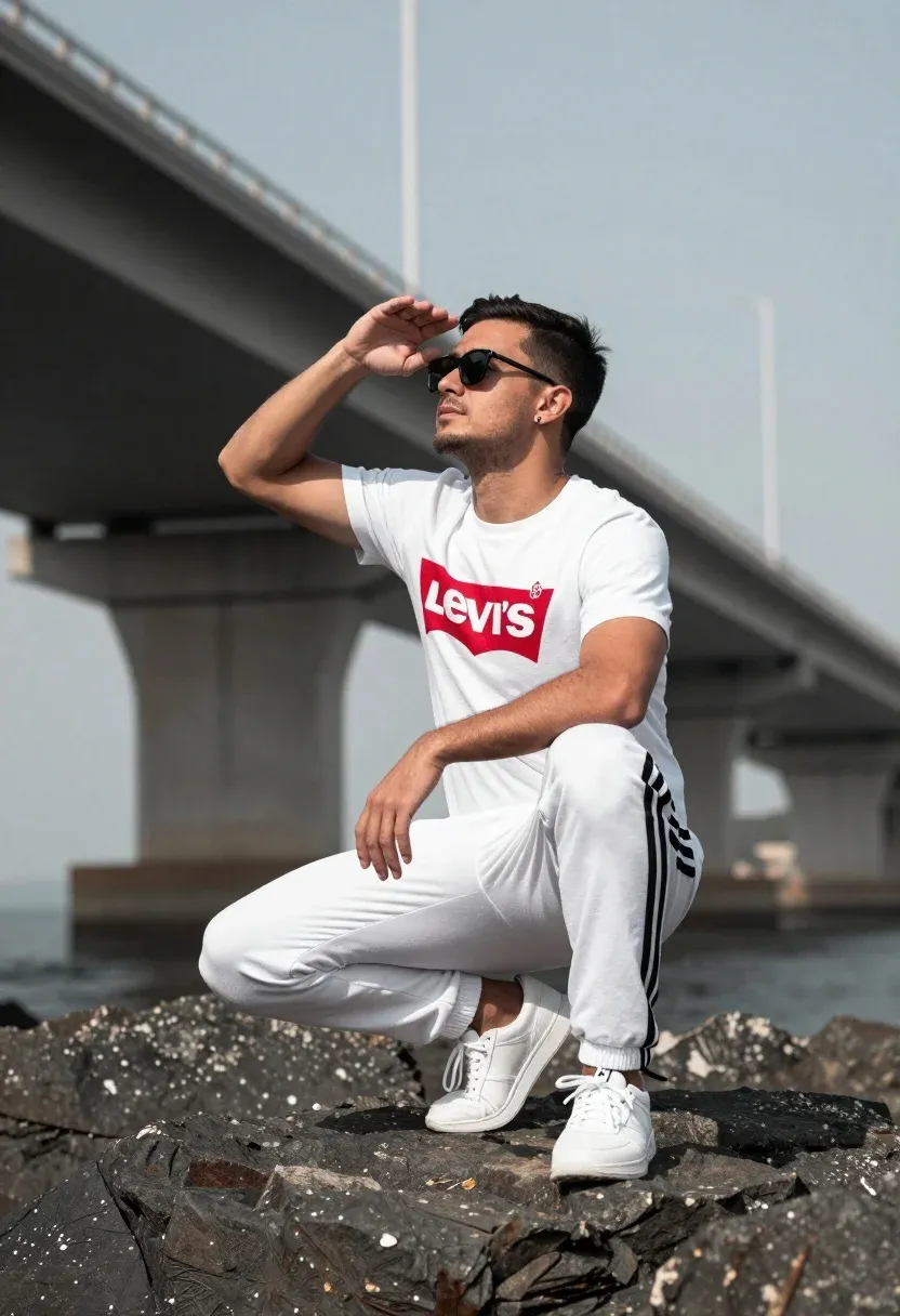 Man Crouches Atop Dark Rock Formation With Large Bridge Spanning
