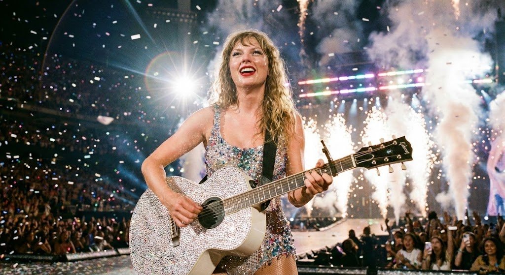 Close-up of a radiant pop star on stage, playing a rhinestone-covered acoustic guitar amidst colorful lights and confetti.