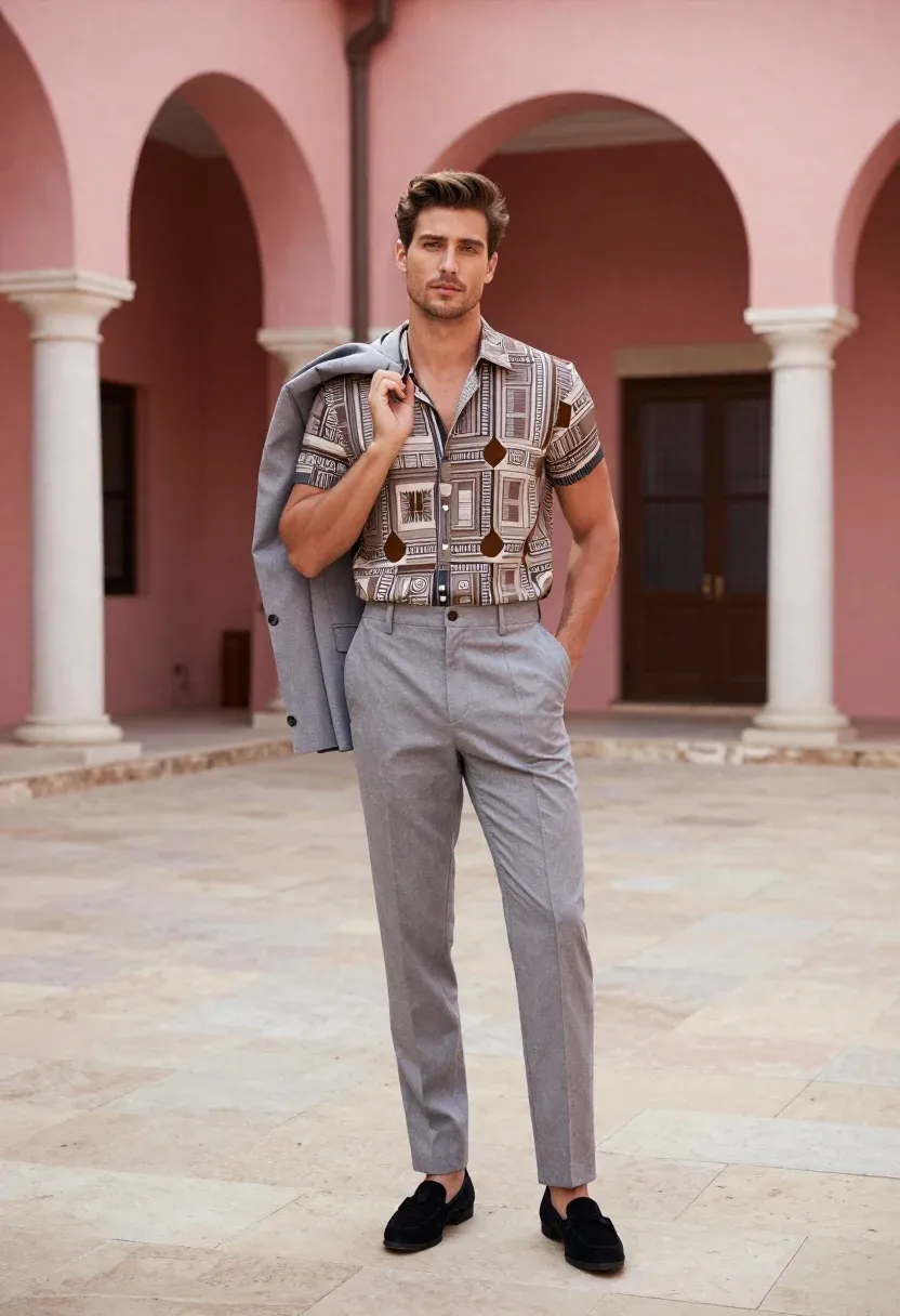 Confident Man Stands Grand Courtyard With Pink Arches And Stone