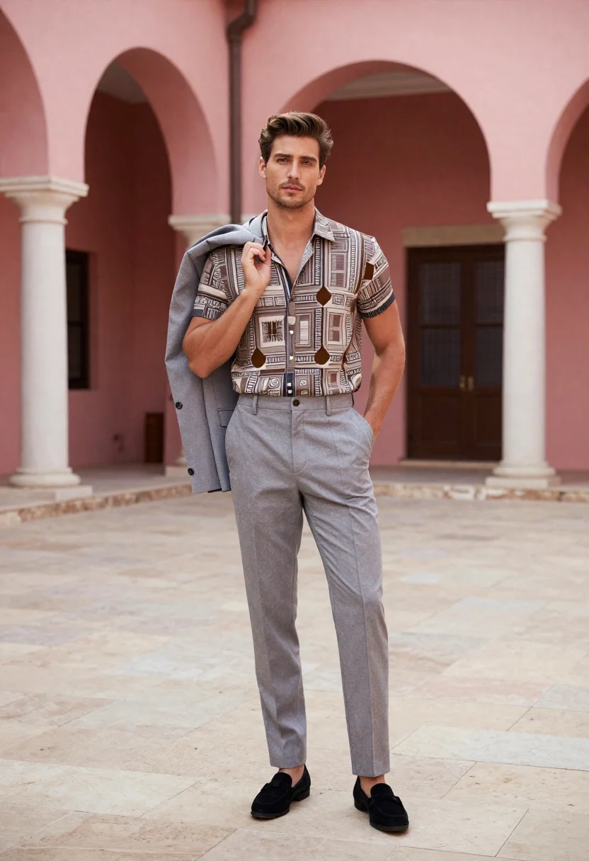 Confident Man Stands Grand Courtyard With Pink Arches And Stone