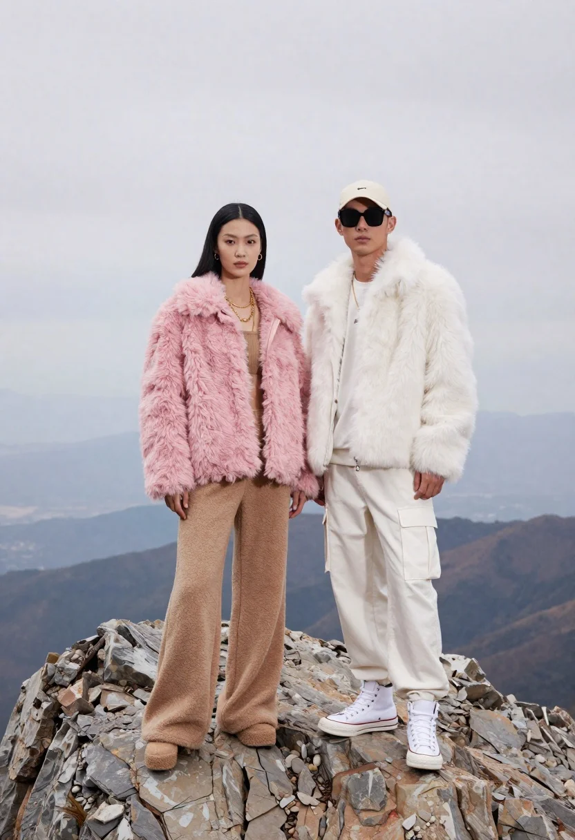 Full-body Fashion Editorial Shot Two Models Standing Rocky Mountain Peak reference photo