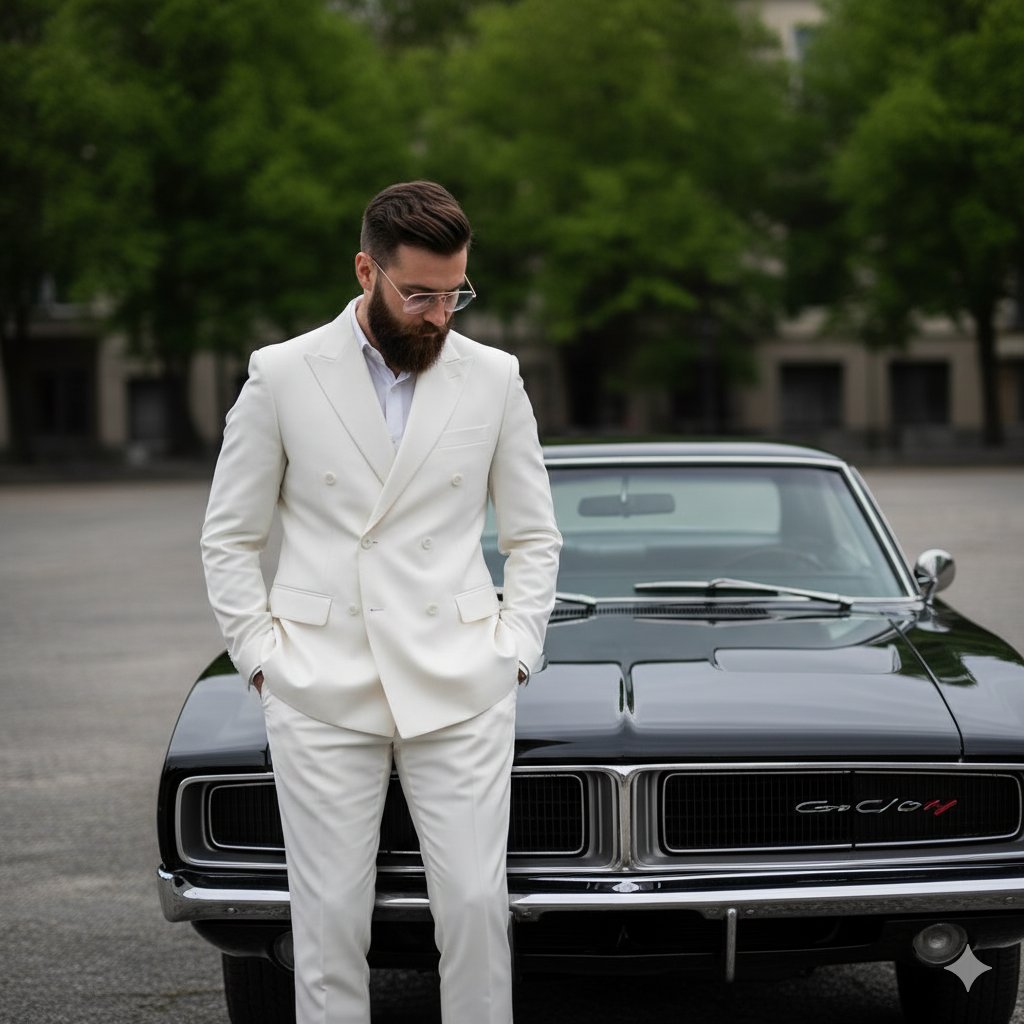 Stylish man in a white suit beside a black vintage muscle car in a serene outdoor setting.
