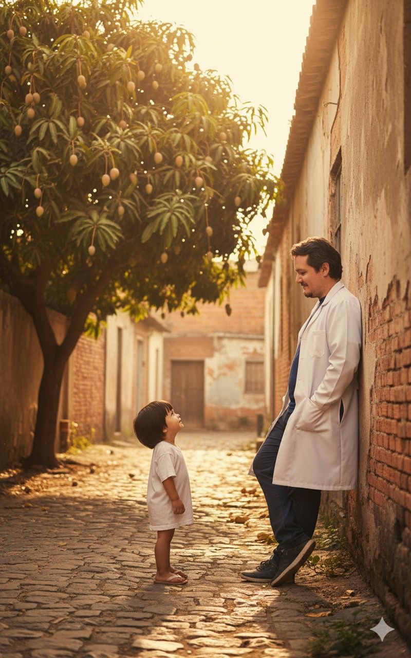 An adult leaning against a wall gazing at their childhood self in a nostalgic alley with a large mango tree.