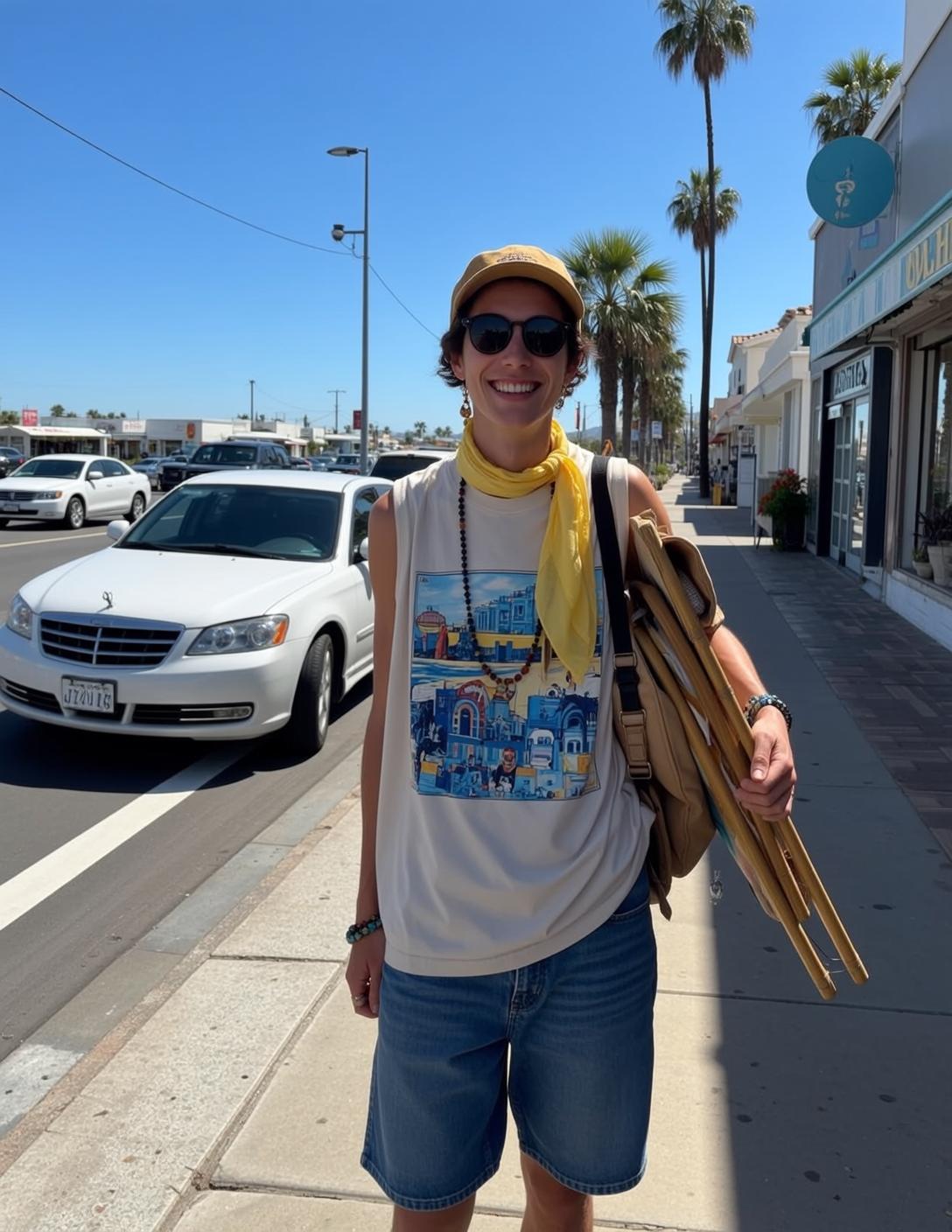 Woman With Mediterranean Shirt Holding Chair Sidewalk