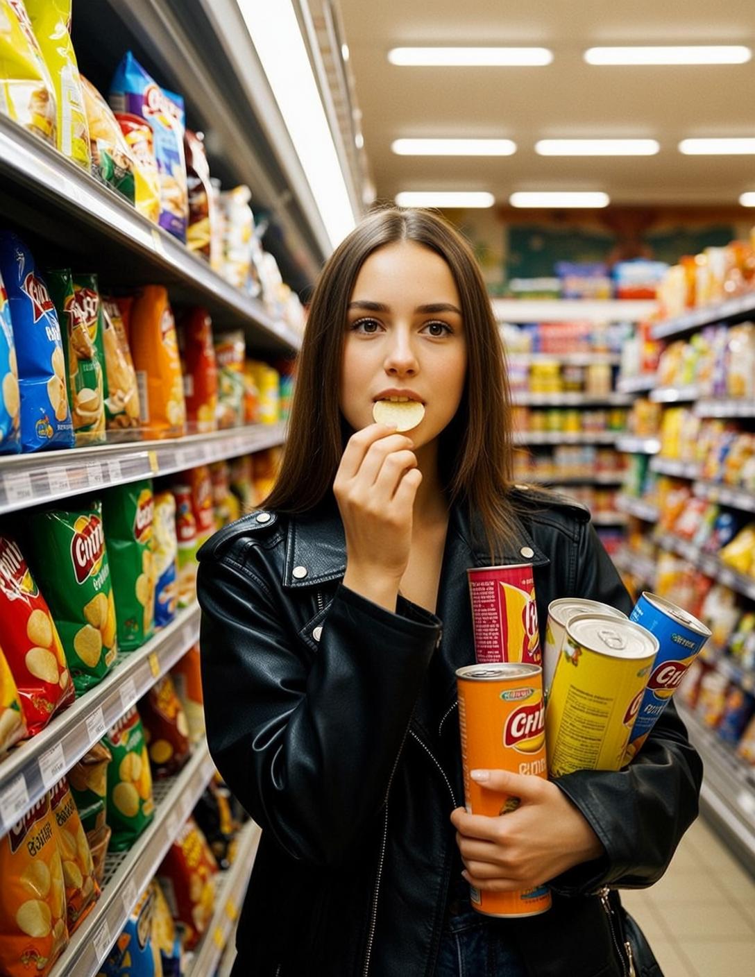 Woman Black Leather Jacket Snack Containers Potato Chip