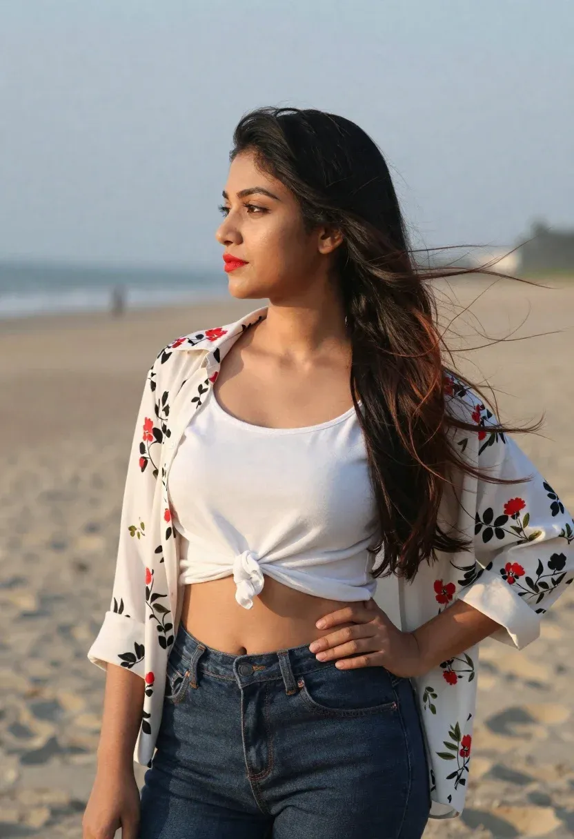 Woman Stands Profile Beach With Long Dark Hair Blowing The