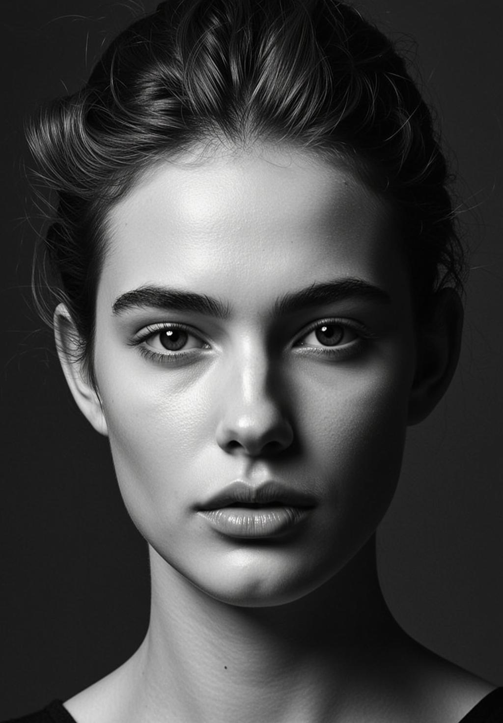 Photorealistic Black And White Medium Close-up Portrait Young Woman With