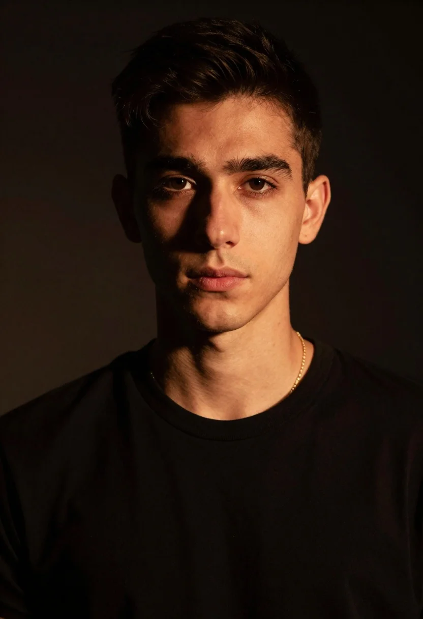 Portrait Young Man With Short Dark Hair And Intense Gaze reference photo