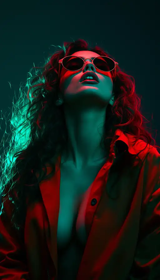 An intense and evocative portrait of a woman with long, curly hair, wearing round sunglasses and a vibrantly colored oversized jacket, illuminated by dramatic blue-green light.