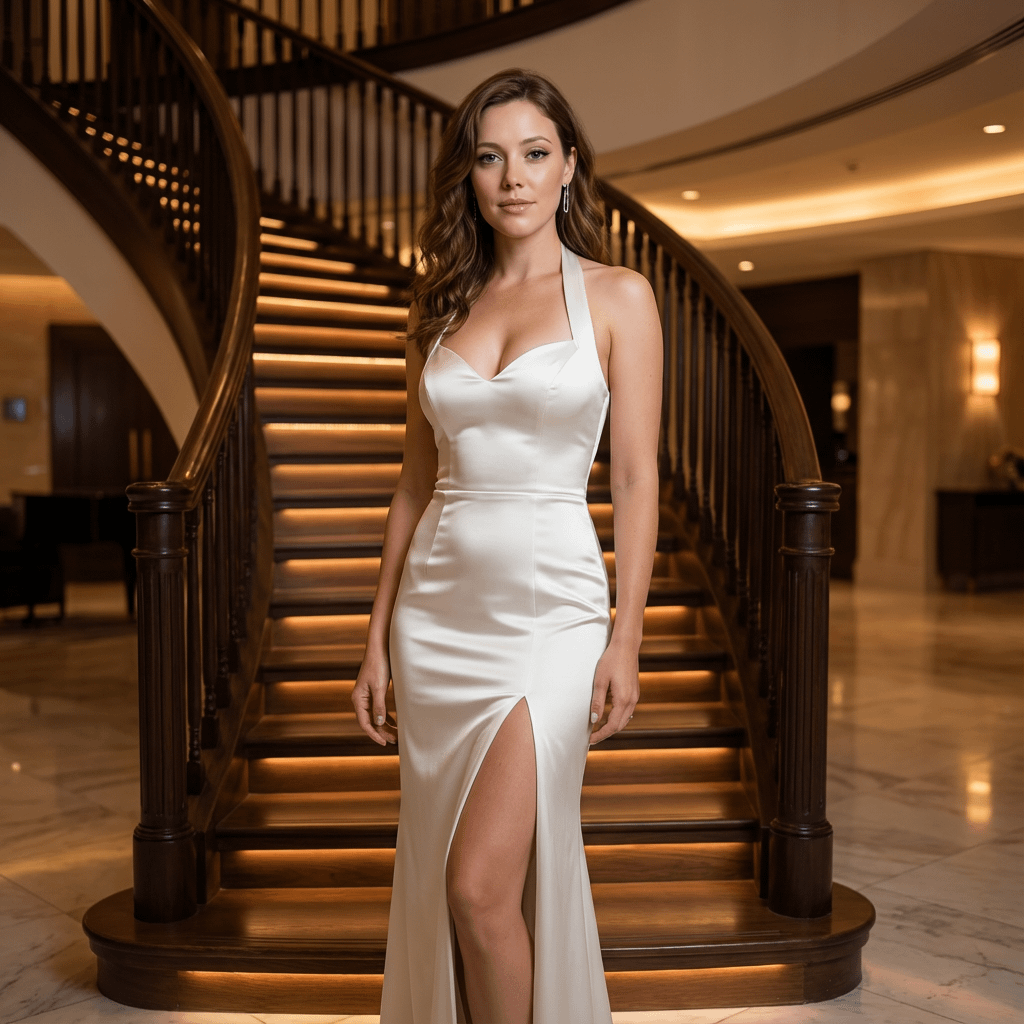 Glamorous Woman White Satin Gown Luxury Hotel Staircase