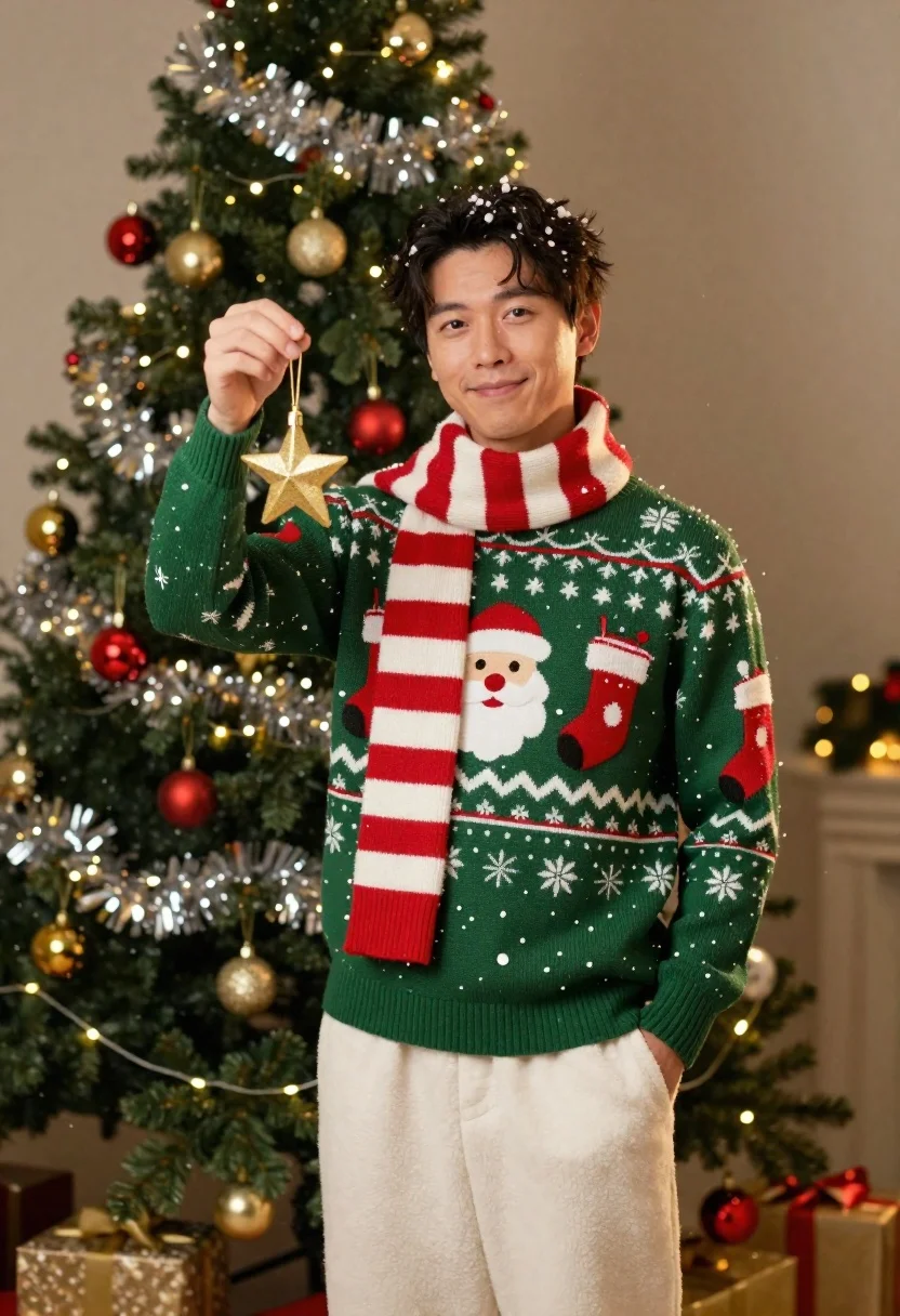 Man Stands Front Decorated Christmas Tree Holding Golden Star Ornaments