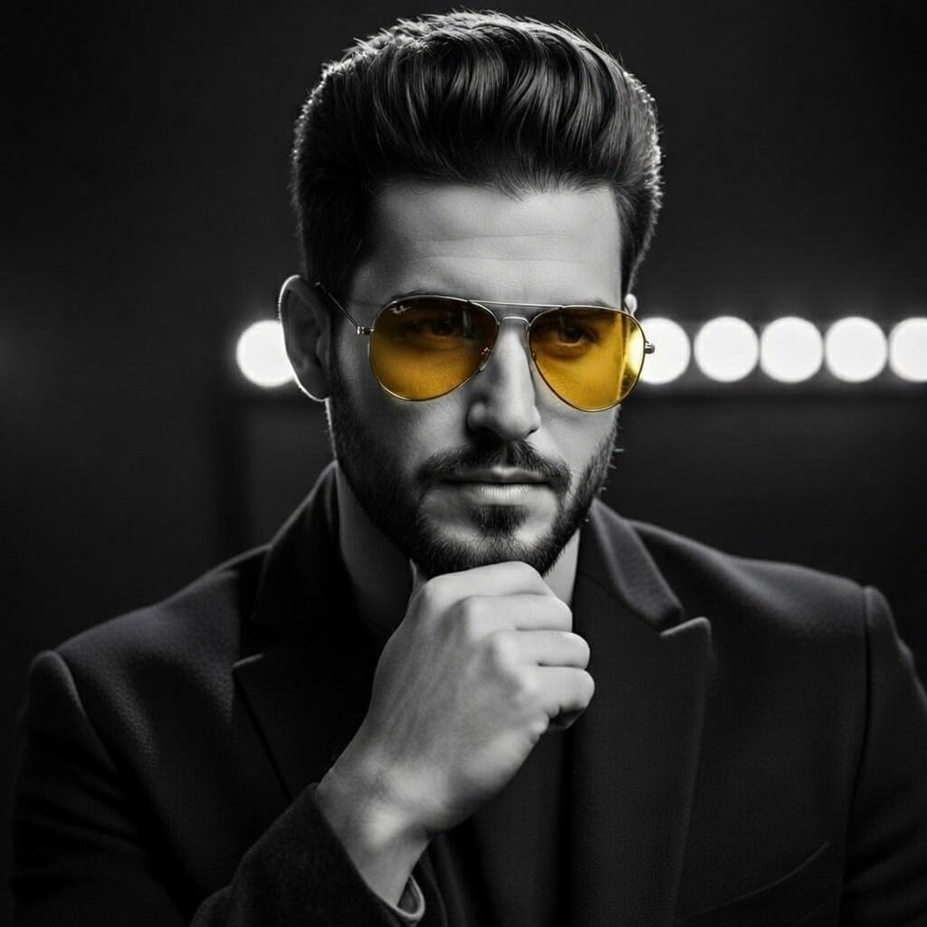 Stylish Young Man Black Suit Warm Lighting Intense Mood