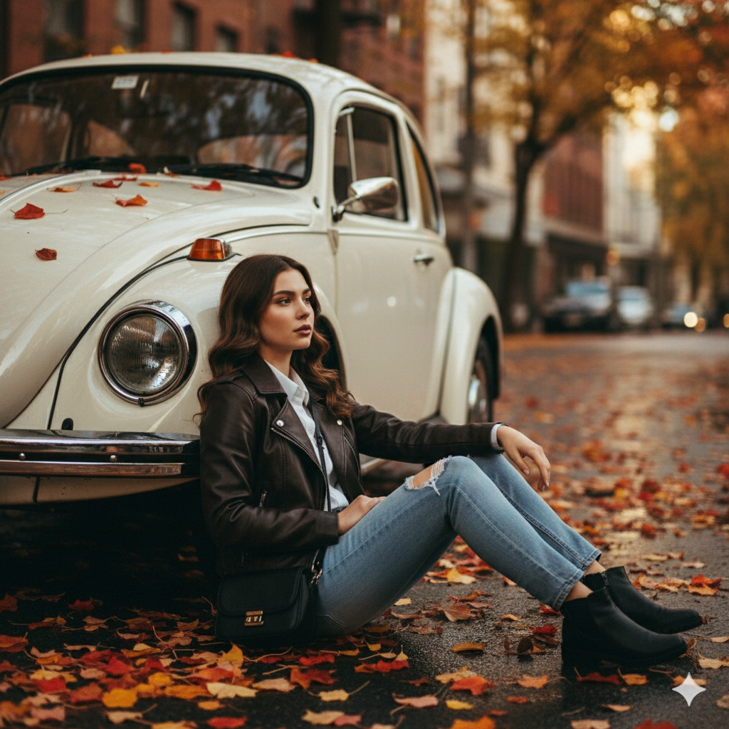 A photorealistic view of a woman in a black jacket sitting beside a classic white Volkswagen Beetle on a sunlit autumn street.