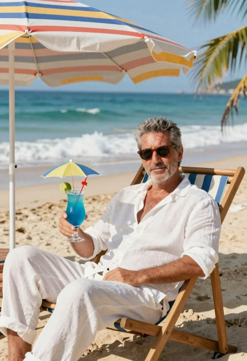 Portrait Man Relaxing The Beach Under Colorful Striped Umbrella With reference photo
