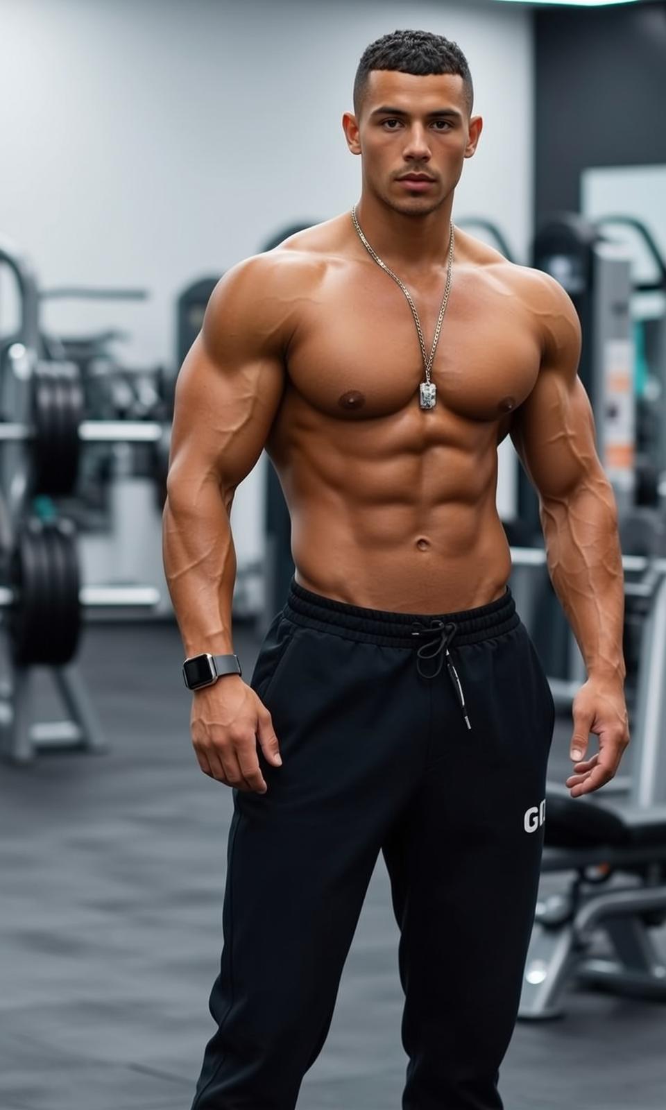 Muscular Short Buzz Cut Tanned Black Sweatpants