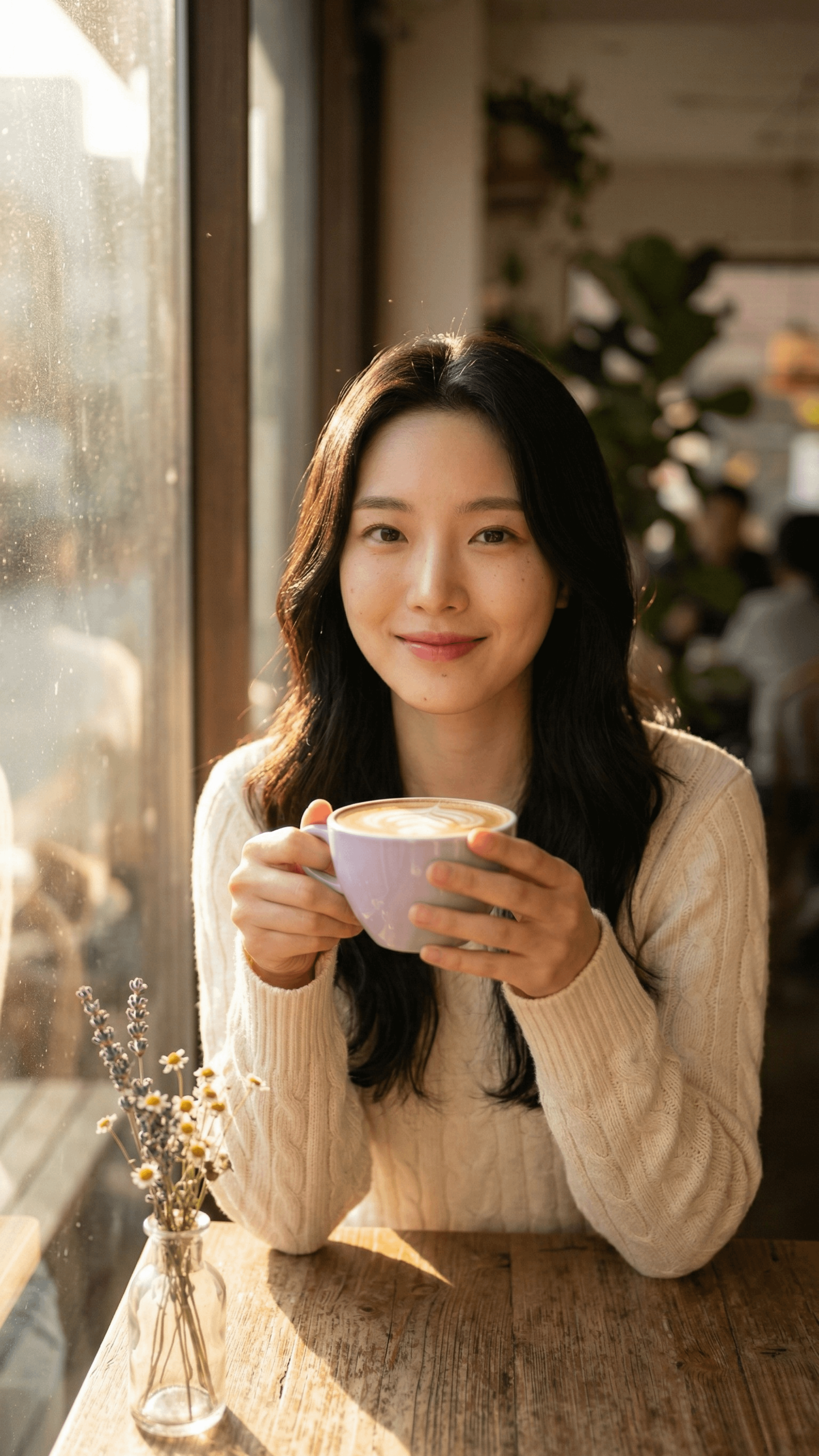 Cream Sweater At Cafe Table With Lavender Mug