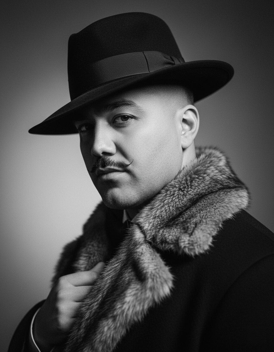 A classic 1930s Hollywood portrait of a sophisticated man wearing a fedora, overcoat, and subtle grooming, captured in dramatic lighting.
