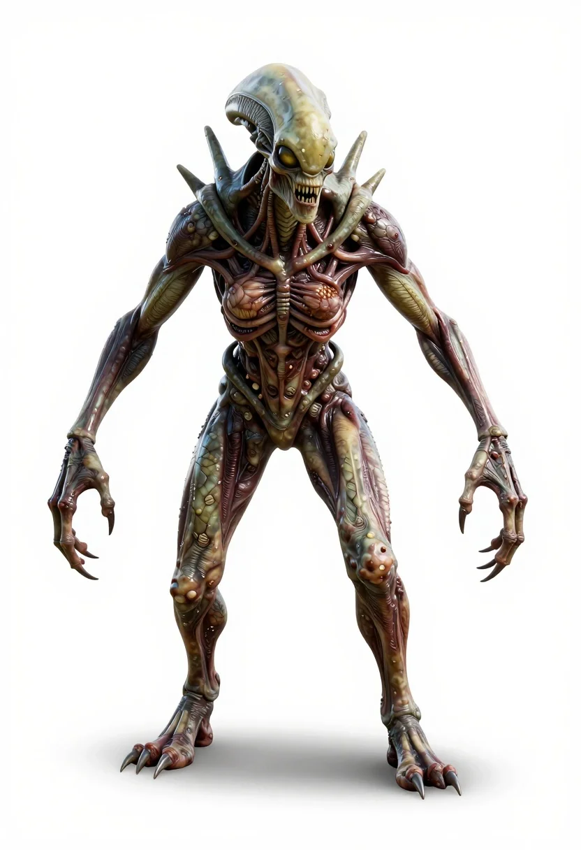 Rendered Full-body Shot Terrifying Alien Humanoid Monster Against Plain White