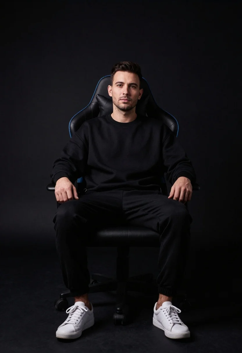 Studio Portrait Man Seated Modern Gaming Chair Against Solid Black reference photo