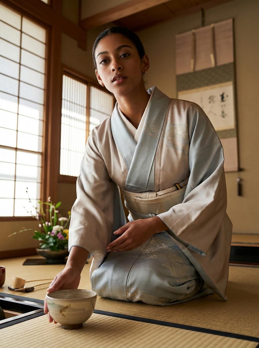 Kimono Tea Ceremony In Traditional Japanese Tatami Room