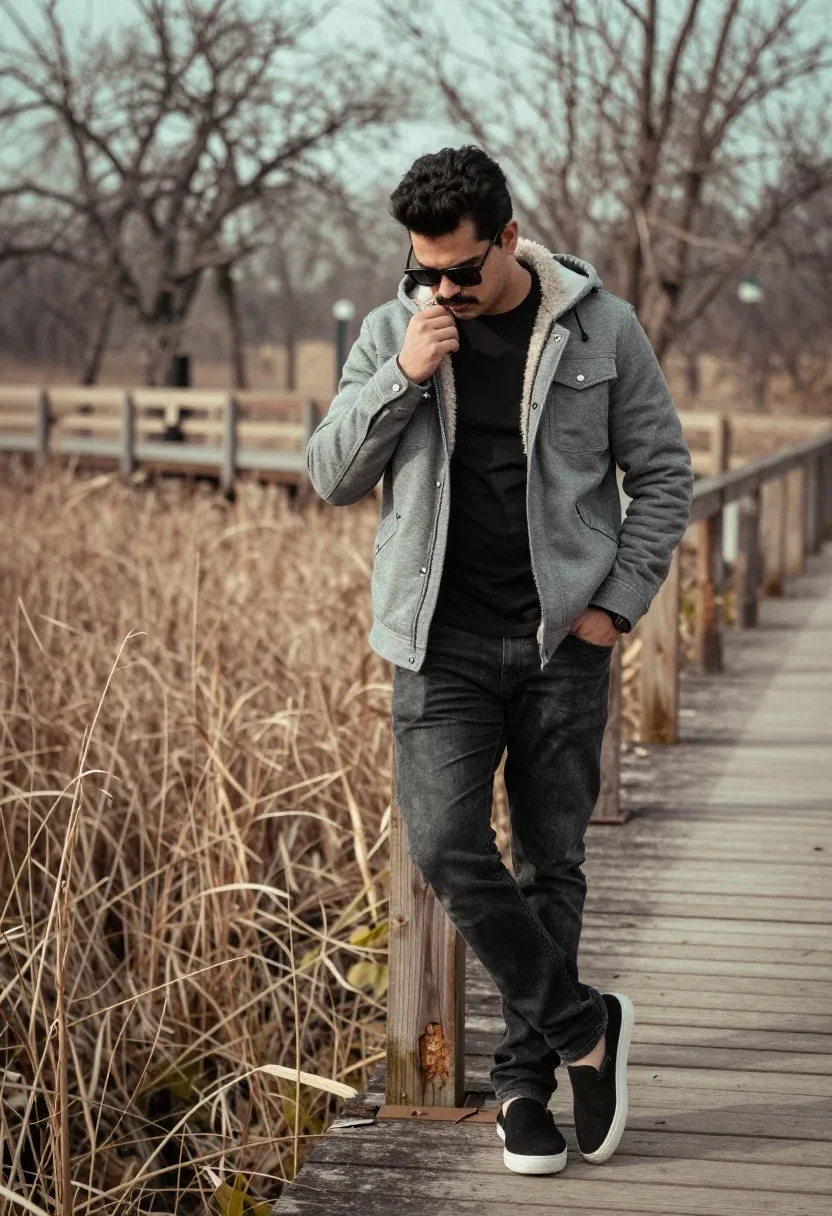 Stylish Man Stands Confidently Wooden Boardwalk Outdoor Setting Subject Man