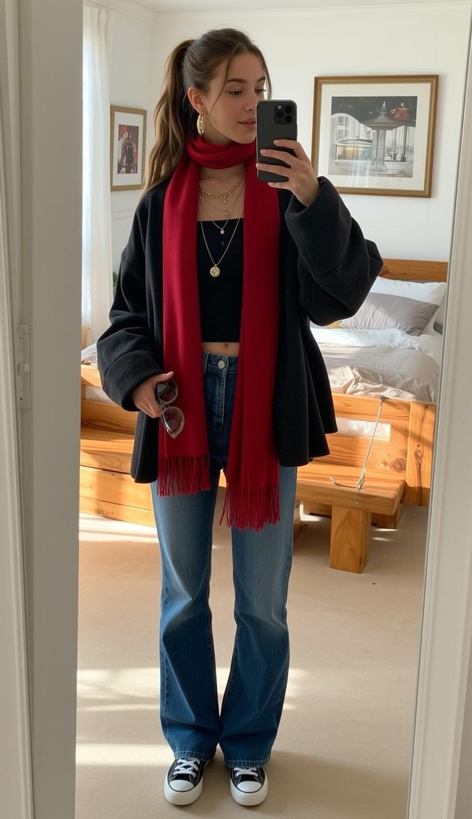 Autumn Young Stands Facing Mirror Holding Her